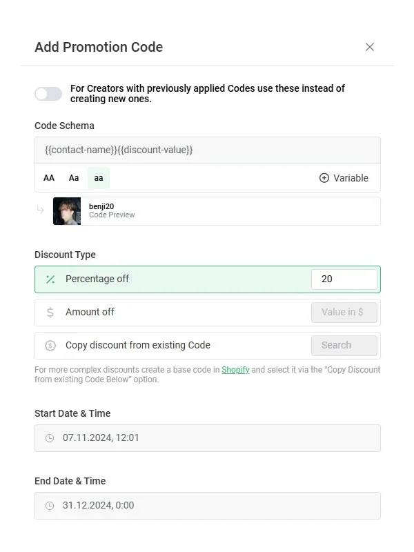 Add promtional codes for influencers